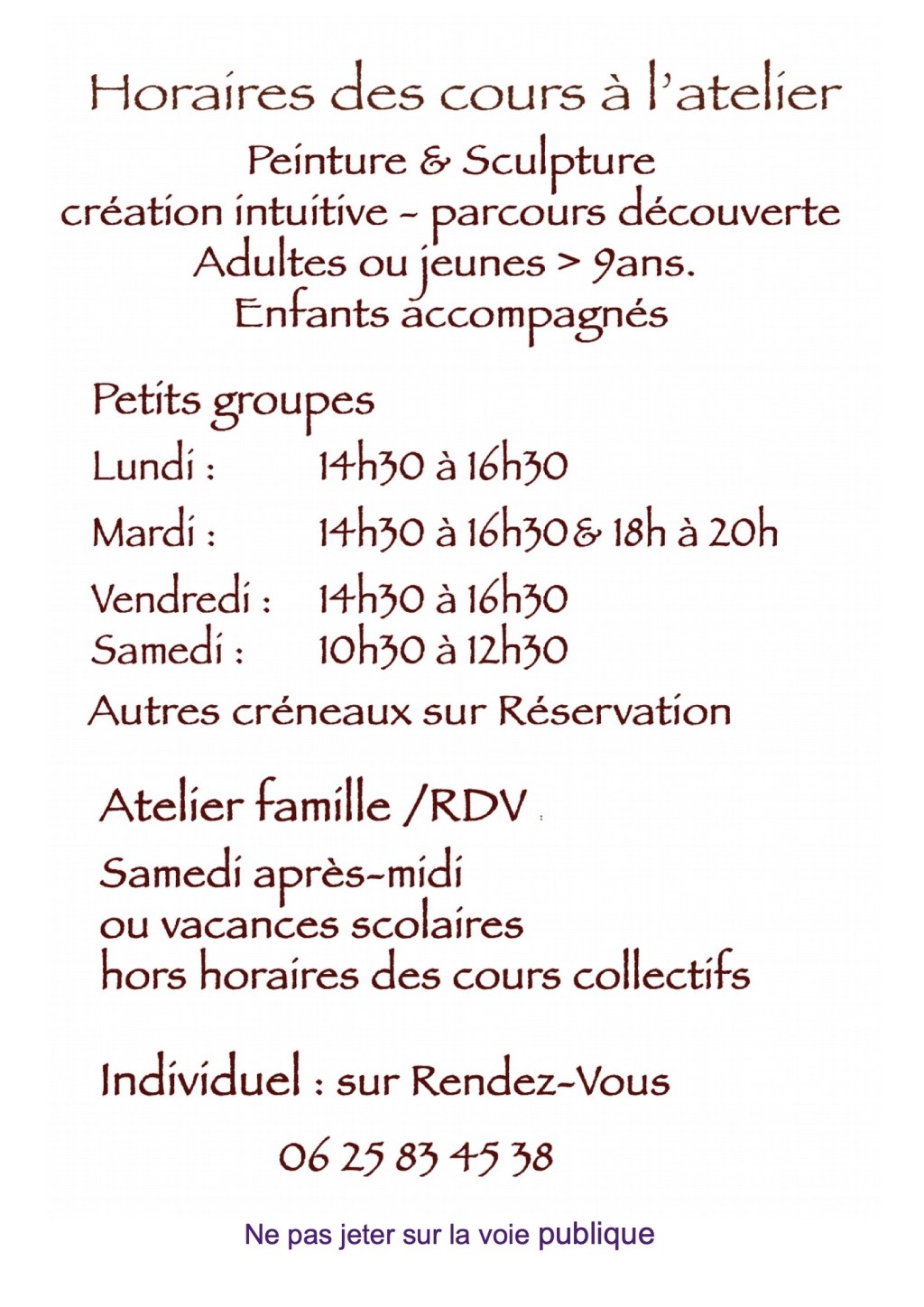 Horaires des cours à&nbsp;l&rsquo;atelier